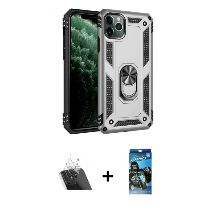 MARSİLYAN™- iPhone 11 Pro Max Kılıf Ahenk Klasik Koleksiyonu - Siyah 34D Izgaralı Cam + Kamera Lens Koruma Cam - SF
