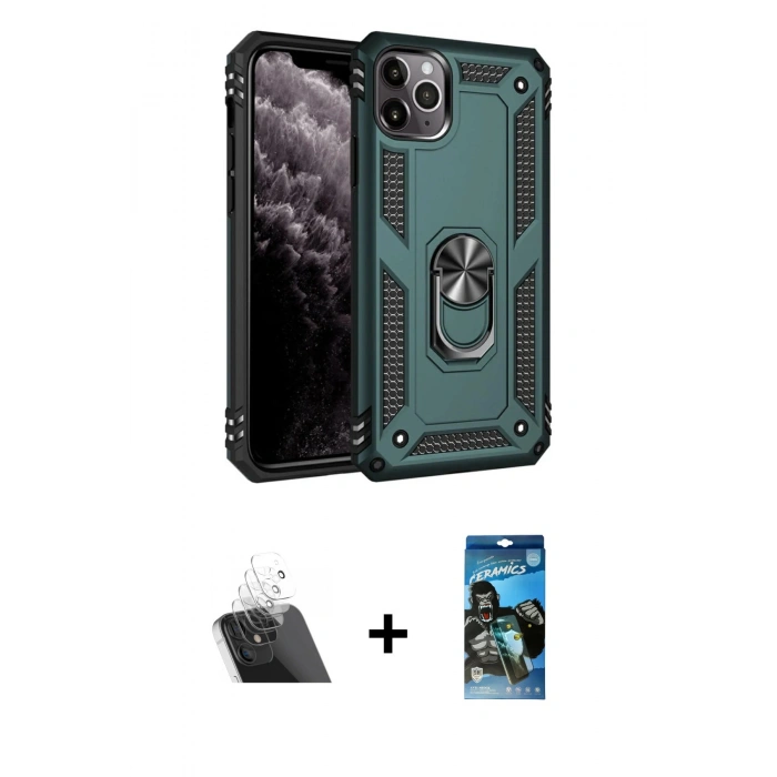 MARSİLYAN™- iPhone 11 Pro Max Kılıf Ahenk Klasik Koleksiyonu - Siyah 34D Izgaralı Cam + Kamera Lens Koruma Cam - SF