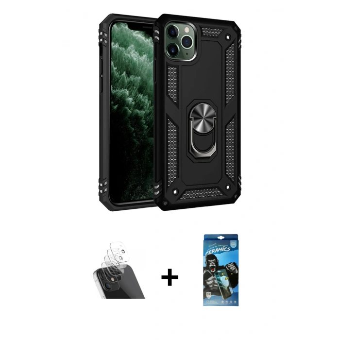 MARSİLYAN™- iPhone 11 Pro Max Kılıf Ahenk Klasik Koleksiyonu - Siyah 34D Izgaralı Cam + Kamera Lens Koruma Cam - SF