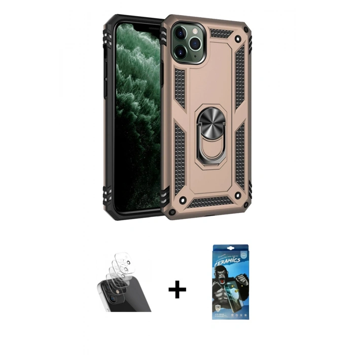 MARSİLYAN™- iPhone 11 Pro Max Kılıf Ahenk Klasik Koleksiyonu - Siyah 34D Izgaralı Cam + Kamera Lens Koruma Cam - SF