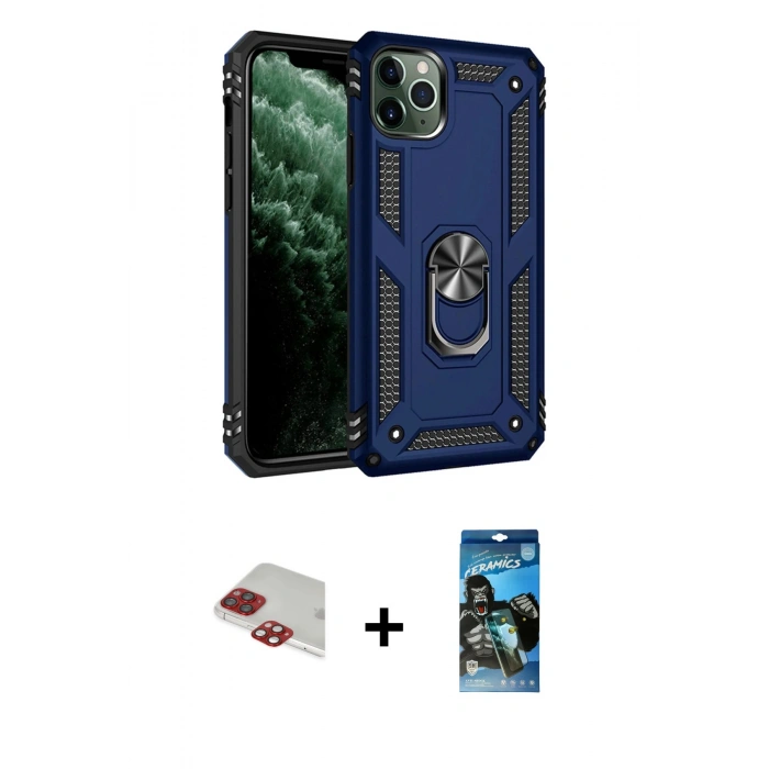 MARSİLYAN™- iPhone 11 Pro Max Kılıf Ahenk Klasik Koleksiyonu - Siyah 34D Izgaralı Cam + Kırmızı Pers Alüminyum Kamera Lens