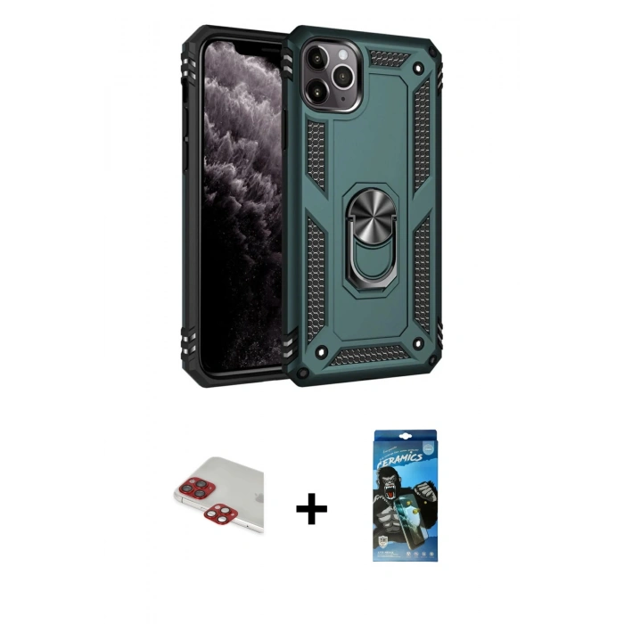 MARSİLYAN™- iPhone 11 Pro Max Kılıf Ahenk Klasik Koleksiyonu - Siyah 34D Izgaralı Cam + Kırmızı Pers Alüminyum Kamera Lens