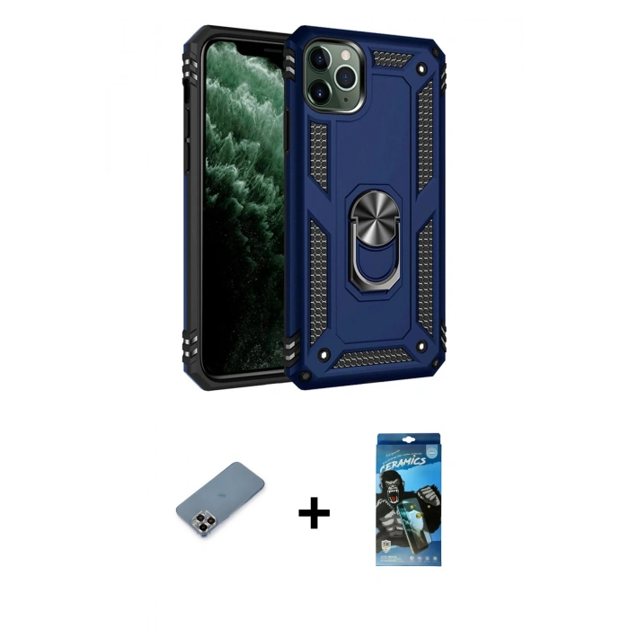 MARSİLYAN™- iPhone 11 Pro Max Kılıf Ahenk Klasik Koleksiyonu - Siyah 34D Izgaralı Cam + Metal Kamera Lens Koruma Cam - MR