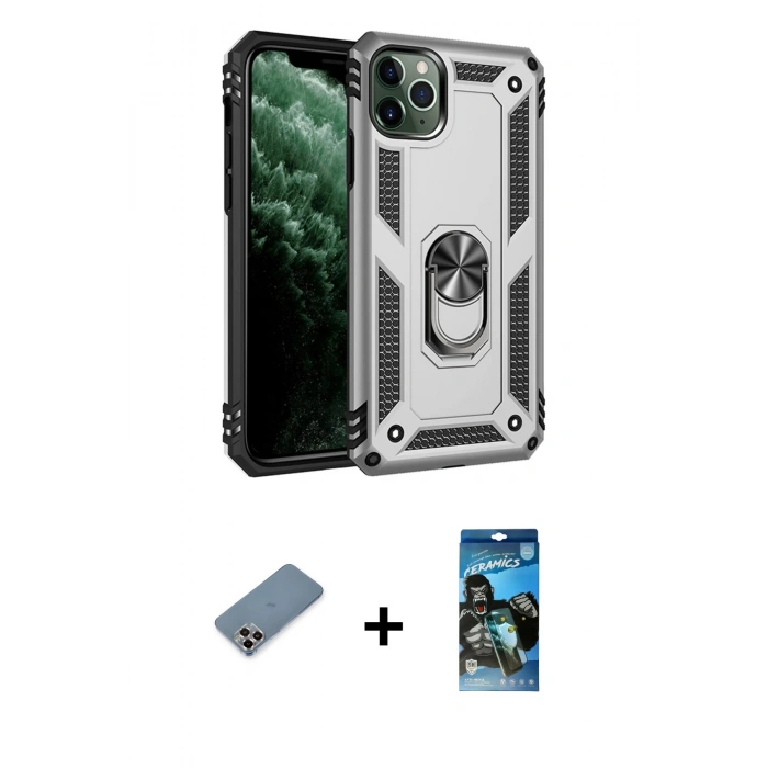 MARSİLYAN™- iPhone 11 Pro Max Kılıf Ahenk Klasik Koleksiyonu - Siyah 34D Izgaralı Cam + Metal Kamera Lens Koruma Cam - MR