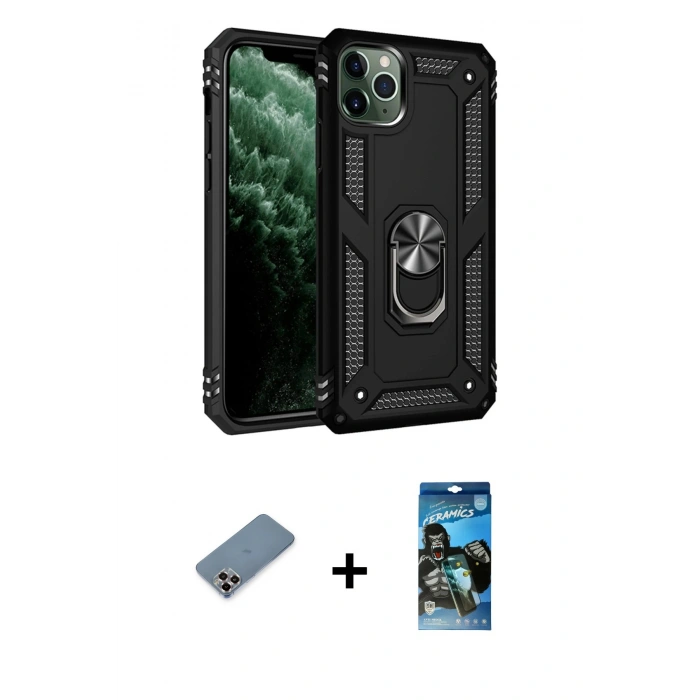 MARSİLYAN™- iPhone 11 Pro Max Kılıf Ahenk Klasik Koleksiyonu - Siyah 34D Izgaralı Cam + Metal Kamera Lens Koruma Cam - MR