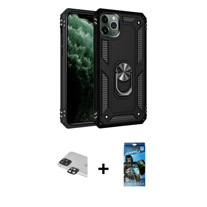 MARSİLYAN™- iPhone 11 Pro Max Kılıf Ahenk Klasik Koleksiyonu - Siyah 34D Izgaralı Cam + Pers Alüminyum Kamera Lens - SH