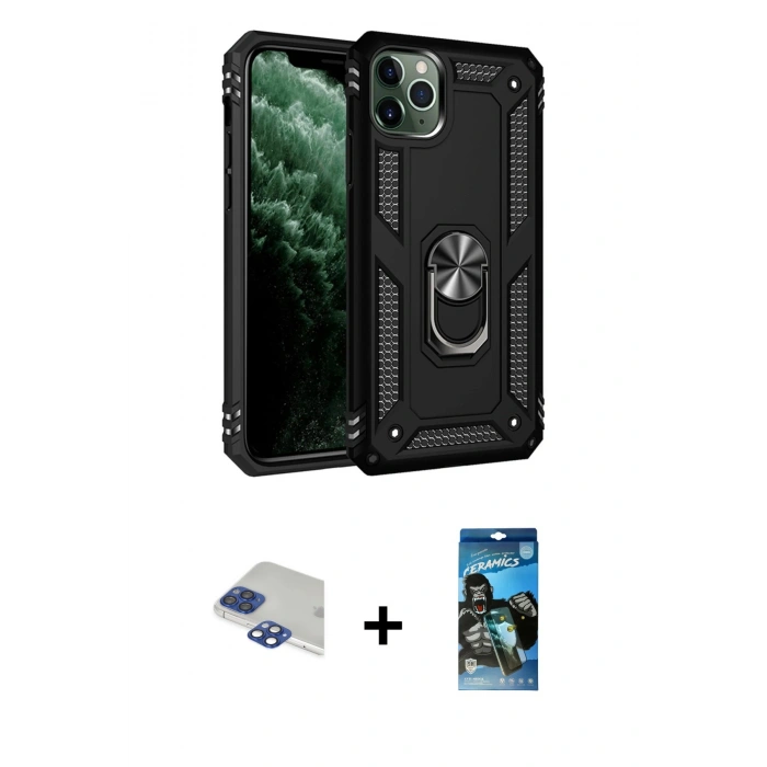 MARSİLYAN™- iPhone 11 Pro Max Kılıf Ahenk Klasik Koleksiyonu - Siyah 34D Izgaralı Cam + Pers Alüminyum Kamera Lens - LT