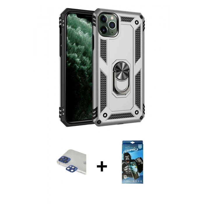 MARSİLYAN™- iPhone 11 Pro Max Kılıf Ahenk Klasik Koleksiyonu - Siyah 34D Izgaralı Cam + Pers Alüminyum Kamera Lens - LT