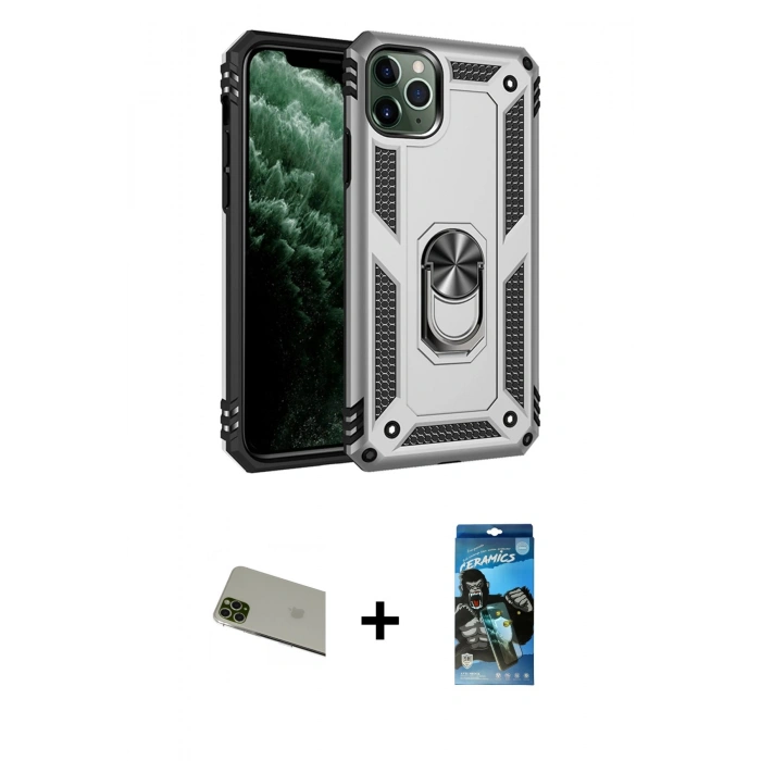 MARSİLYAN™- iPhone 11 Pro Max Kılıf Ahenk Klasik Koleksiyonu - Siyah 34D Izgaralı Cam + Rainbow Kamera Lens Koruma Cam - YL