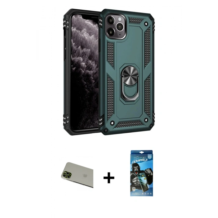 MARSİLYAN™- iPhone 11 Pro Max Kılıf Ahenk Klasik Koleksiyonu - Siyah 34D Izgaralı Cam + Rainbow Kamera Lens Koruma Cam - YL
