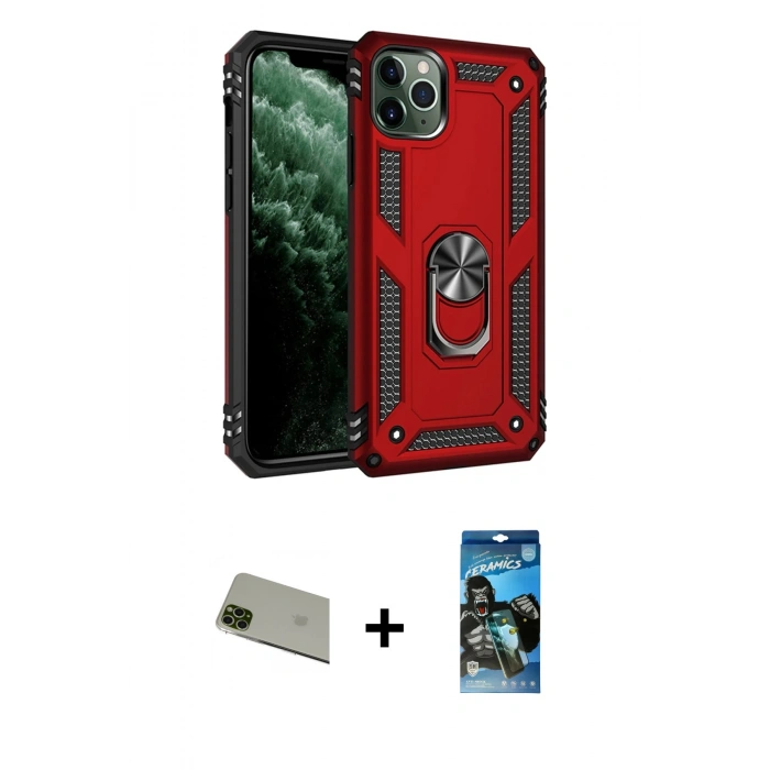 MARSİLYAN™- iPhone 11 Pro Max Kılıf Ahenk Klasik Koleksiyonu - Siyah 34D Izgaralı Cam + Rainbow Kamera Lens Koruma Cam - YL