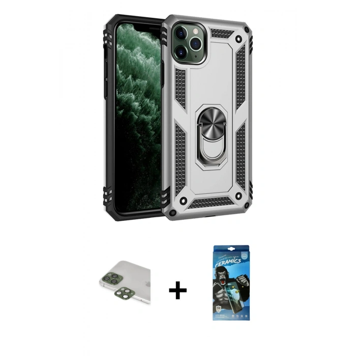 MARSİLYAN™- iPhone 11 Pro Max Kılıf Ahenk Klasik Koleksiyonu - Siyah 34D Izgaralı Cam + Yeşil Pers Alüminyum Kamera Lens