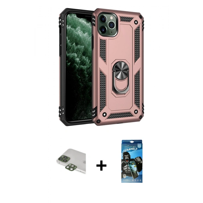 MARSİLYAN™- iPhone 11 Pro Max Kılıf Ahenk Klasik Koleksiyonu - Siyah 34D Izgaralı Cam + Yeşil Pers Alüminyum Kamera Lens