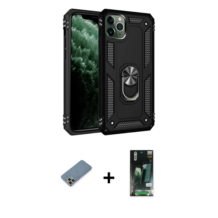MARSİLYAN™- iPhone 11 Pro Max Kılıf Ahenk Klasik Koleksiyonu - Siyah 360 Mat Full Body Arka Koruyucu + Metal Kamera Lens Koruma Cam - AKYL