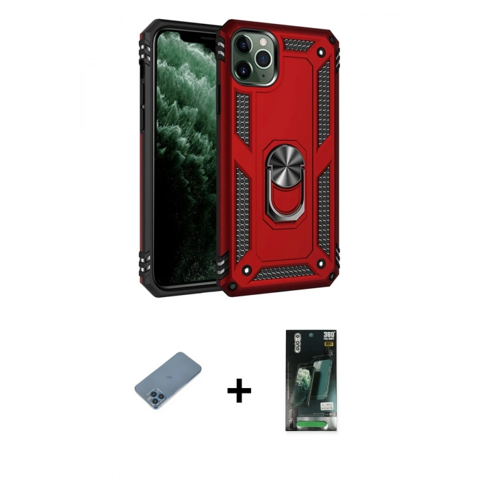 MARSİLYAN™- iPhone 11 Pro Max Kılıf Ahenk Klasik Koleksiyonu - Siyah 360 Mat Full Body Arka Koruyucu + Shine Kamera Lens Koruma Cam - MI