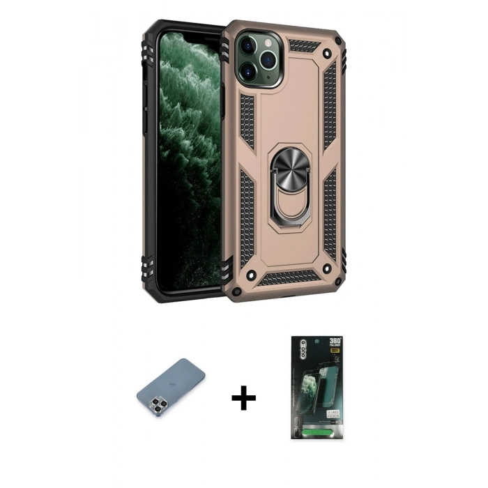 MARSİLYAN™- iPhone 11 Pro Max Kılıf Ahenk Klasik Koleksiyonu - Siyah 360 Mat Full Body Arka Koruyucu + Metal Kamera Lens Koruma Cam - GS