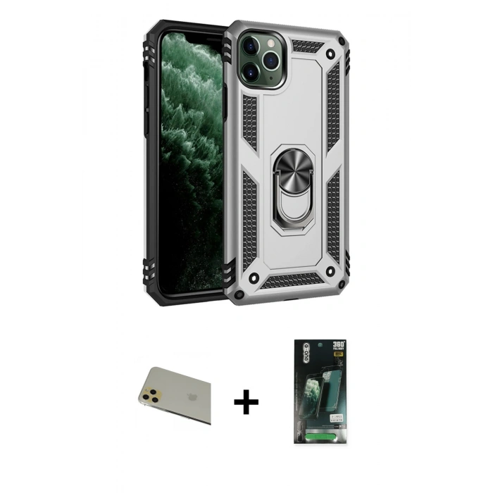 MARSİLYAN™- iPhone 11 Pro Max Kılıf Ahenk Klasik Koleksiyonu - Siyah 360 Mat Full Body Arka Koruyucu + Rainbow Kamera Lens Koruma Cam - GD