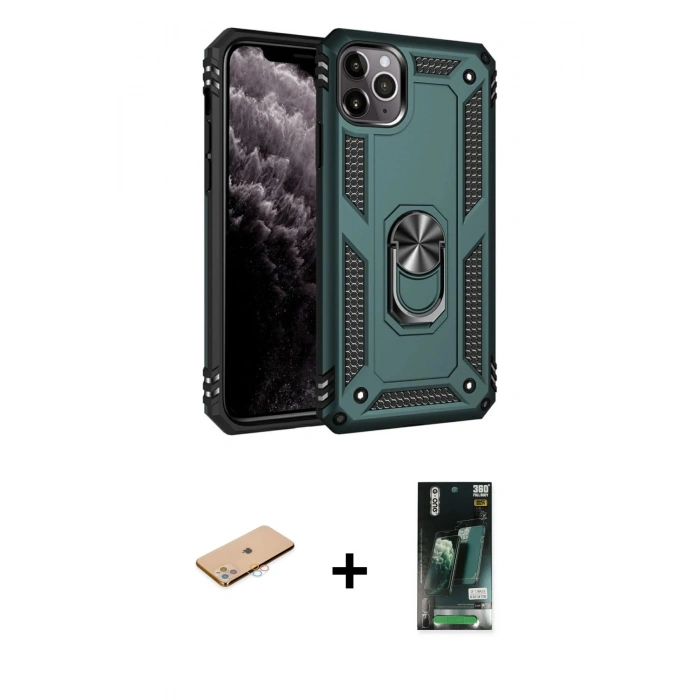 MARSİLYAN™- iPhone 11 Pro Max Kılıf Ahenk Klasik Koleksiyonu - Siyah 360 Mat Full Body Arka Koruyucu + Renkli Kamera Lens Koruma Cam - PE