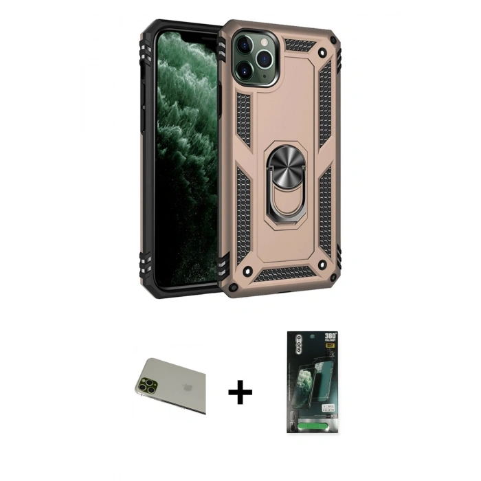 MARSİLYAN™- iPhone 11 Pro Max Kılıf Ahenk Klasik Koleksiyonu - Siyah 360 Mat Full Body Arka Koruyucu + Rainbow Kamera Lens Koruma Cam - YL