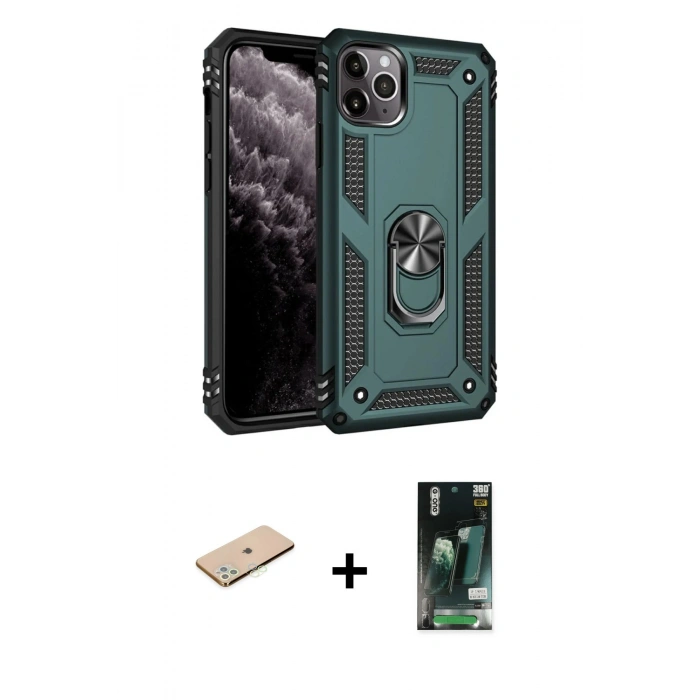 MARSİLYAN™- iPhone 11 Pro Max Kılıf Ahenk Klasik Koleksiyonu - Siyah 360 Mat Full Body Arka Koruyucu + Renkli Kamera Lens Koruma Cam - YL