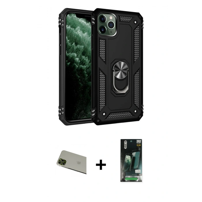 MARSİLYAN™- iPhone 11 Pro Max Kılıf Ahenk Klasik Koleksiyonu - Siyah 360 Mat Full Body Arka Koruyucu + Rainbow Kamera Lens Koruma Cam - YL
