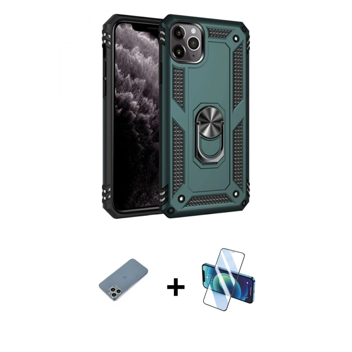 MARSİLYAN™- iPhone 11 Pro Max Kılıf Ahenk Klasik Koleksiyonu - Siyah 3D Antistatik Cam Ekran Koruyucu + Shine Kamera Lens Koruma Cam - GS