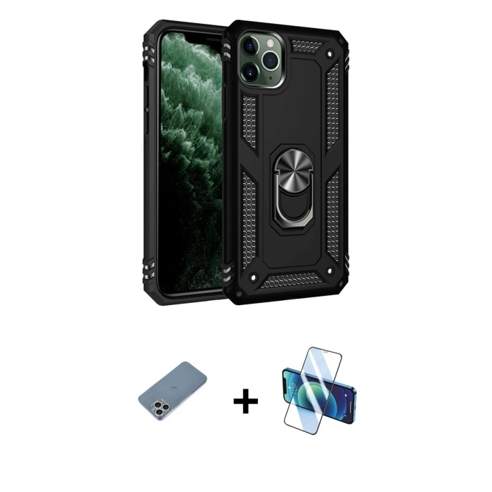 MARSİLYAN™- iPhone 11 Pro Max Kılıf Ahenk Klasik Koleksiyonu - Siyah 3D Antistatik Cam Ekran Koruyucu + Shine Kamera Lens Koruma Cam - GS