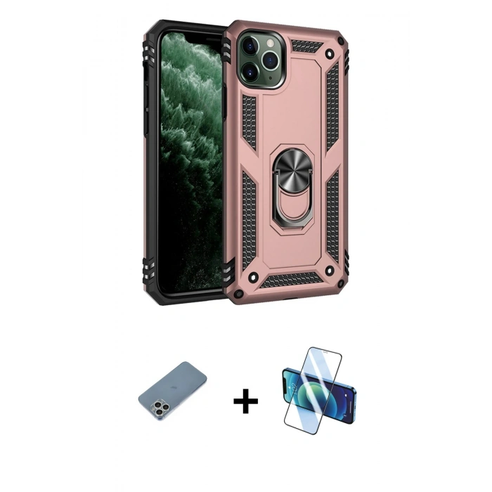 MARSİLYAN™- iPhone 11 Pro Max Kılıf Ahenk Klasik Koleksiyonu - Siyah 3D Antistatik Cam Ekran Koruyucu + Shine Kamera Lens Koruma Cam - GS