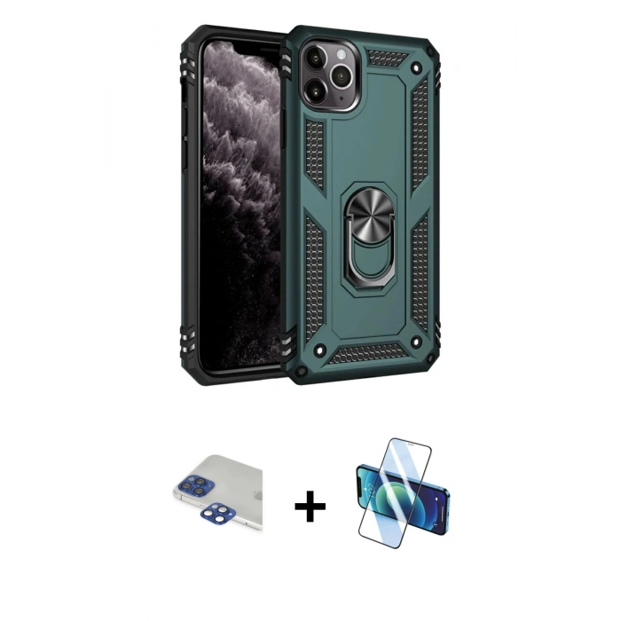MARSİLYAN™- iPhone 11 Pro Max Kılıf Ahenk Klasik Koleksiyonu - Siyah 3D Antistatik Cam Ekran Koruyucu + Pers Alüminyum Kamera Lens - LT