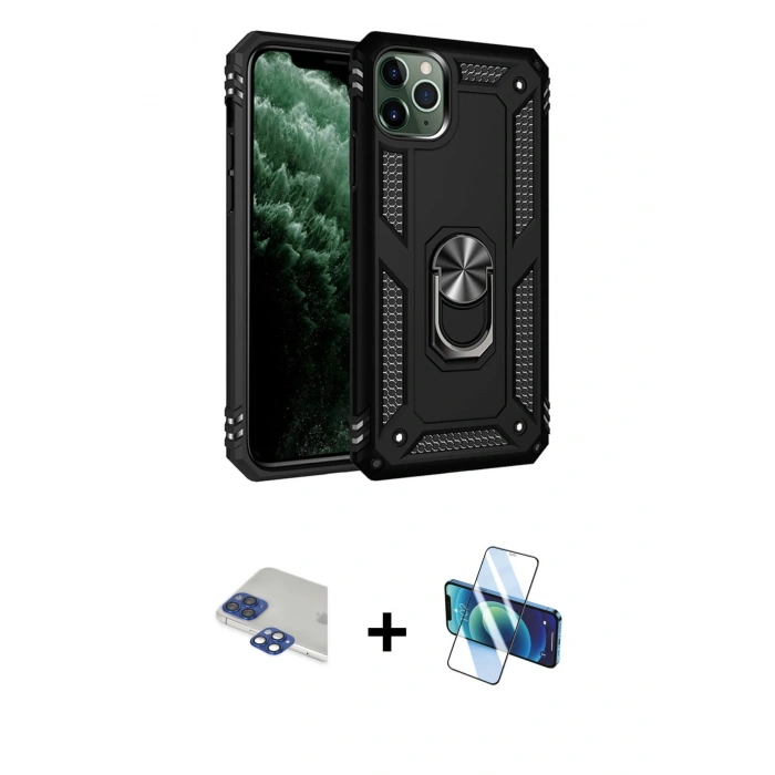 MARSİLYAN™- iPhone 11 Pro Max Kılıf Ahenk Klasik Koleksiyonu - Siyah 3D Antistatik Cam Ekran Koruyucu + Pers Alüminyum Kamera Lens - LT
