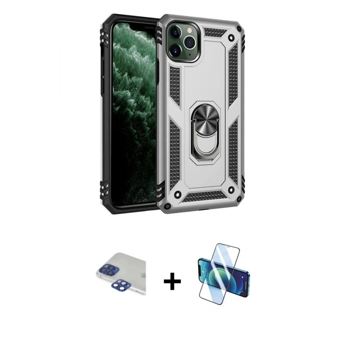 MARSİLYAN™- iPhone 11 Pro Max Kılıf Ahenk Klasik Koleksiyonu - Siyah 3D Antistatik Cam Ekran Koruyucu + Pers Alüminyum Kamera Lens - LT