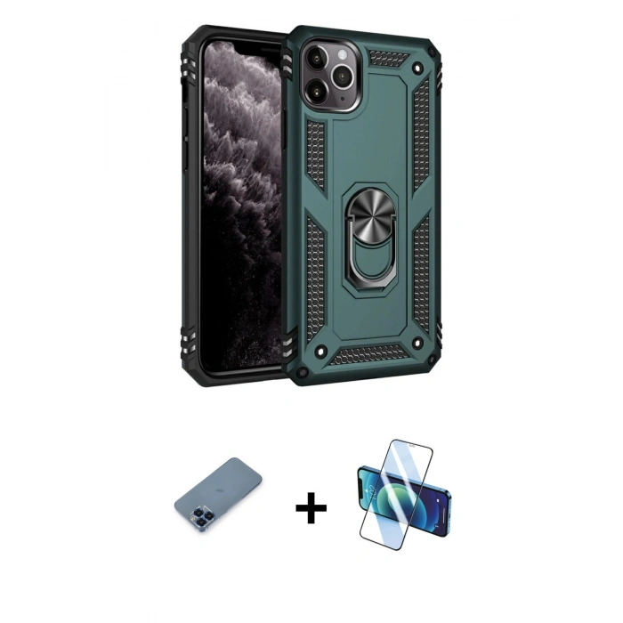 MARSİLYAN™- iPhone 11 Pro Max Kılıf Ahenk Klasik Koleksiyonu - Siyah 3D Antistatik Cam Ekran Koruyucu + Metal Kamera Lens Koruma Cam - MI