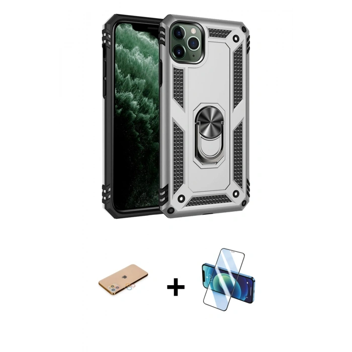 MARSİLYAN™- iPhone 11 Pro Max Kılıf Ahenk Klasik Koleksiyonu - Siyah 3D Antistatik Cam Ekran Koruyucu + Renkli Kamera Lens Koruma Cam - PE