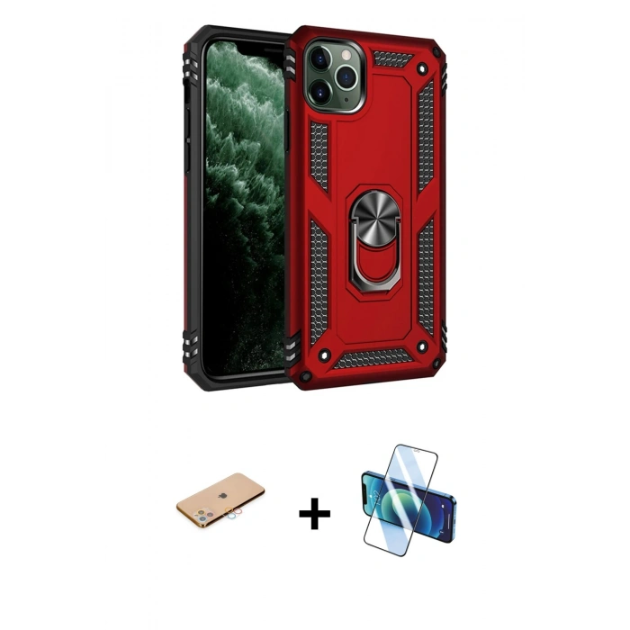 MARSİLYAN™- iPhone 11 Pro Max Kılıf Ahenk Klasik Koleksiyonu - Siyah 3D Antistatik Cam Ekran Koruyucu + Renkli Kamera Lens Koruma Cam - PE