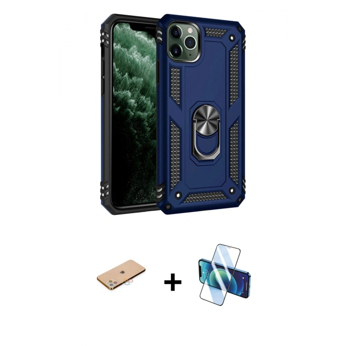 MARSİLYAN™- iPhone 11 Pro Max Kılıf Ahenk Klasik Koleksiyonu - Siyah 3D Antistatik Cam Ekran Koruyucu + Renkli Kamera Lens Koruma Cam - PE