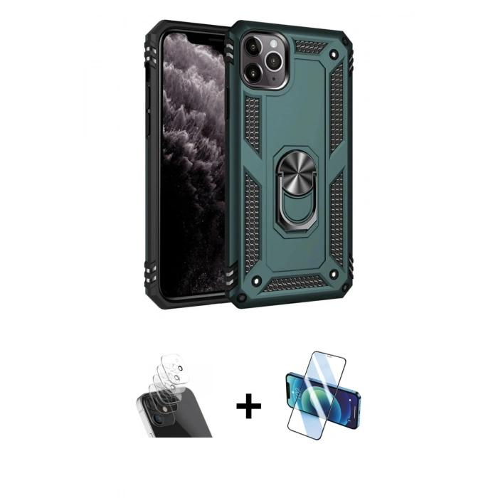 MARSİLYAN™- iPhone 11 Pro Max Kılıf Ahenk Klasik Koleksiyonu - Siyah 3D Antistatik Cam Ekran Koruyucu + Kamera Lens Koruma Cam - SF
