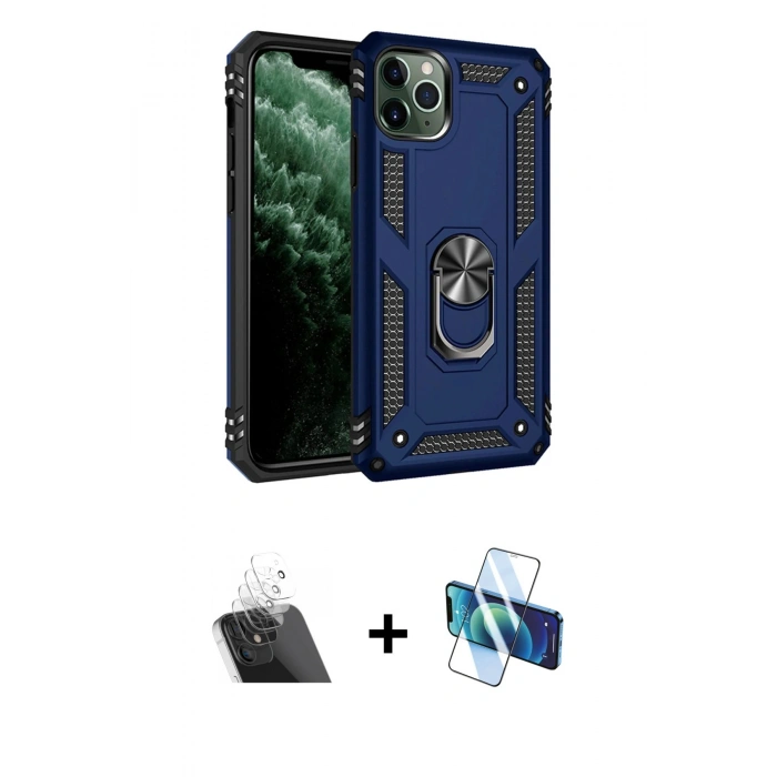 MARSİLYAN™- iPhone 11 Pro Max Kılıf Ahenk Klasik Koleksiyonu - Siyah 3D Antistatik Cam Ekran Koruyucu + Kamera Lens Koruma Cam - SF