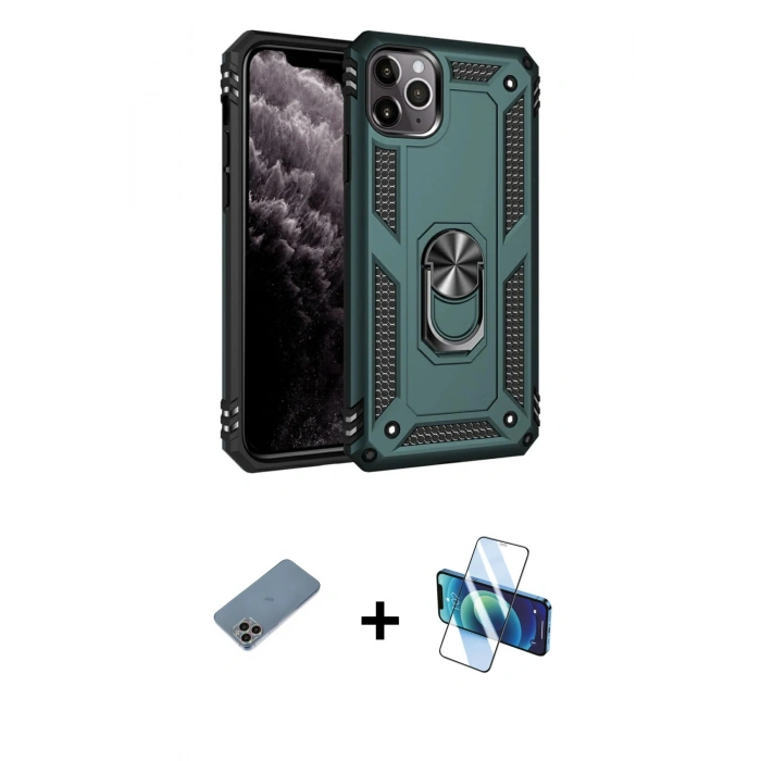 MARSİLYAN™- iPhone 11 Pro Max Kılıf Ahenk Klasik Koleksiyonu - Siyah 3D Antistatik Cam Ekran Koruyucu + Shine Kamera Lens Koruma Cam - GI