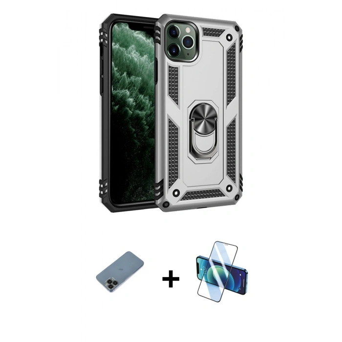 MARSİLYAN™- iPhone 11 Pro Max Kılıf Ahenk Klasik Koleksiyonu - Siyah 3D Antistatik Cam Ekran Koruyucu + Shine Kamera Lens Koruma Cam - SH