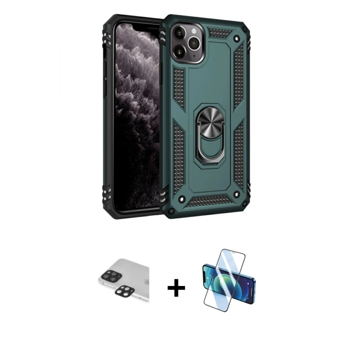 MARSİLYAN™- iPhone 11 Pro Max Kılıf Ahenk Klasik Koleksiyonu - Siyah 3D Antistatik Cam Ekran Koruyucu + Pers Alüminyum Kamera Lens - SH