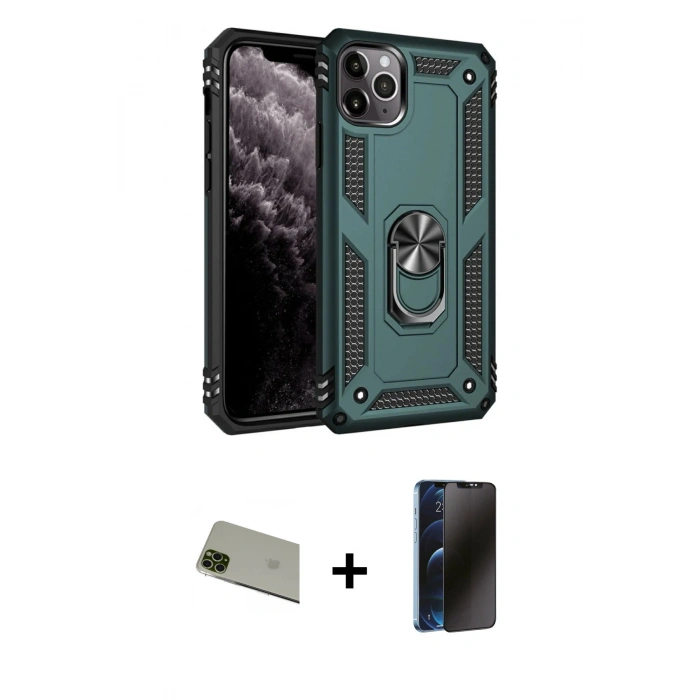 MARSİLYAN™- iPhone 11 Pro Max Kılıf Ahenk Klasik Koleksiyonu - Siyah 3D Antistatik Hayalet Cam Ekran Koruyucu + Rainbow Kamera Lens Koruma Cam - YL
