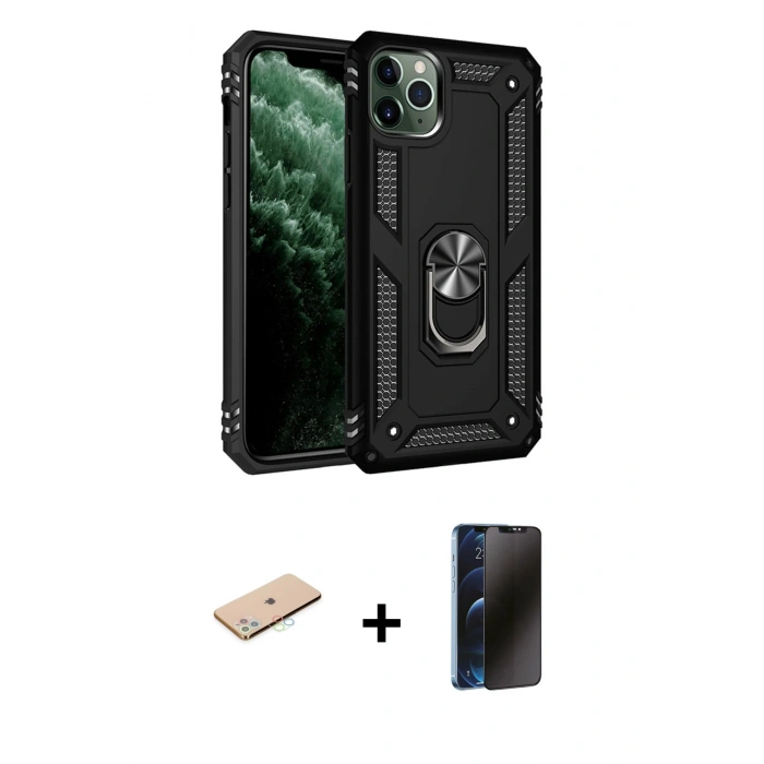 MARSİLYAN™- iPhone 11 Pro Max Kılıf Ahenk Klasik Koleksiyonu - Siyah 3D Antistatik Hayalet Cam Ekran Koruyucu + Mavi Renkli Kamera Lens Koruma Cam