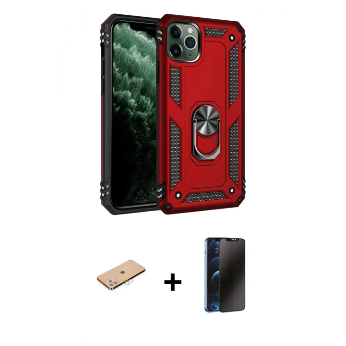 MARSİLYAN™- iPhone 11 Pro Max Kılıf Ahenk Klasik Koleksiyonu - Siyah 3D Antistatik Hayalet Cam Ekran Koruyucu + Renkli Kamera Lens Koruma Cam - PE