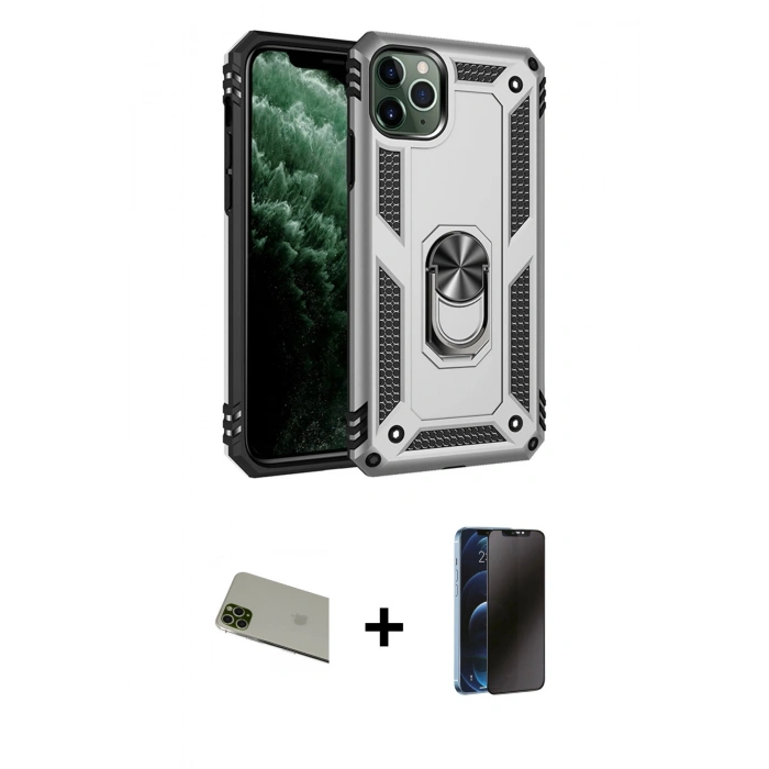 MARSİLYAN™- iPhone 11 Pro Max Kılıf Ahenk Klasik Koleksiyonu - Siyah 3D Antistatik Hayalet Cam Ekran Koruyucu + Rainbow Kamera Lens Koruma Cam - YL