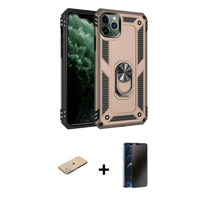 MARSİLYAN™- iPhone 11 Pro Max Kılıf Ahenk Klasik Koleksiyonu - Siyah 3D Antistatik Hayalet Cam Ekran Koruyucu + Renkli Kamera Lens Koruma Cam - YL