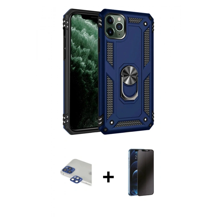 MARSİLYAN™- iPhone 11 Pro Max Kılıf Ahenk Klasik Koleksiyonu - Siyah 3D Antistatik Hayalet Cam Ekran Koruyucu + Pers Alüminyum Kamera Lens - LT