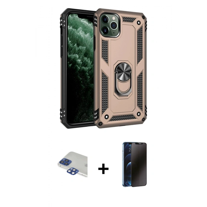 MARSİLYAN™- iPhone 11 Pro Max Kılıf Ahenk Klasik Koleksiyonu - Siyah 3D Antistatik Hayalet Cam Ekran Koruyucu + Pers Alüminyum Kamera Lens - LT