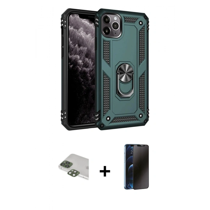 MARSİLYAN™- iPhone 11 Pro Max Kılıf Ahenk Klasik Koleksiyonu - Siyah 3D Antistatik Hayalet Cam Ekran Koruyucu + Pers Alüminyum Kamera Lens - YL