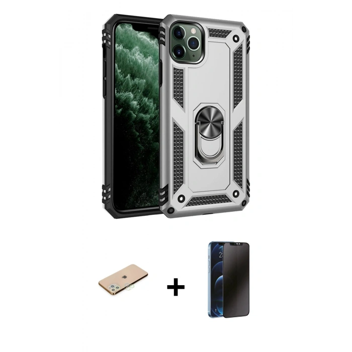 MARSİLYAN™- iPhone 11 Pro Max Kılıf Ahenk Klasik Koleksiyonu - Siyah 3D Antistatik Hayalet Cam Ekran Koruyucu + Renkli Kamera Lens Koruma Cam - YL