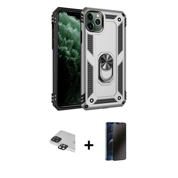 MARSİLYAN™- iPhone 11 Pro Max Kılıf Ahenk Klasik Koleksiyonu - Siyah 3D Antistatik Hayalet Cam Ekran Koruyucu + Pers Alüminyum Kamera Lens - SH